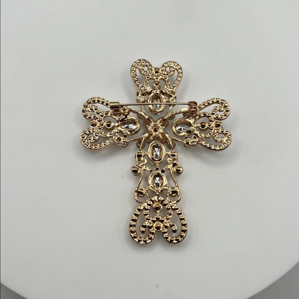 279. Gold and Crystal Rhinestone Cross Brooch